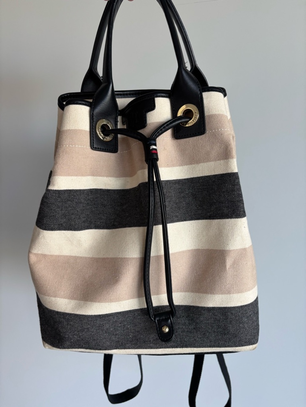 Tommy Hilfiger Striped Canvas Drawstring Backpack Tote in Beige, Black & Cream